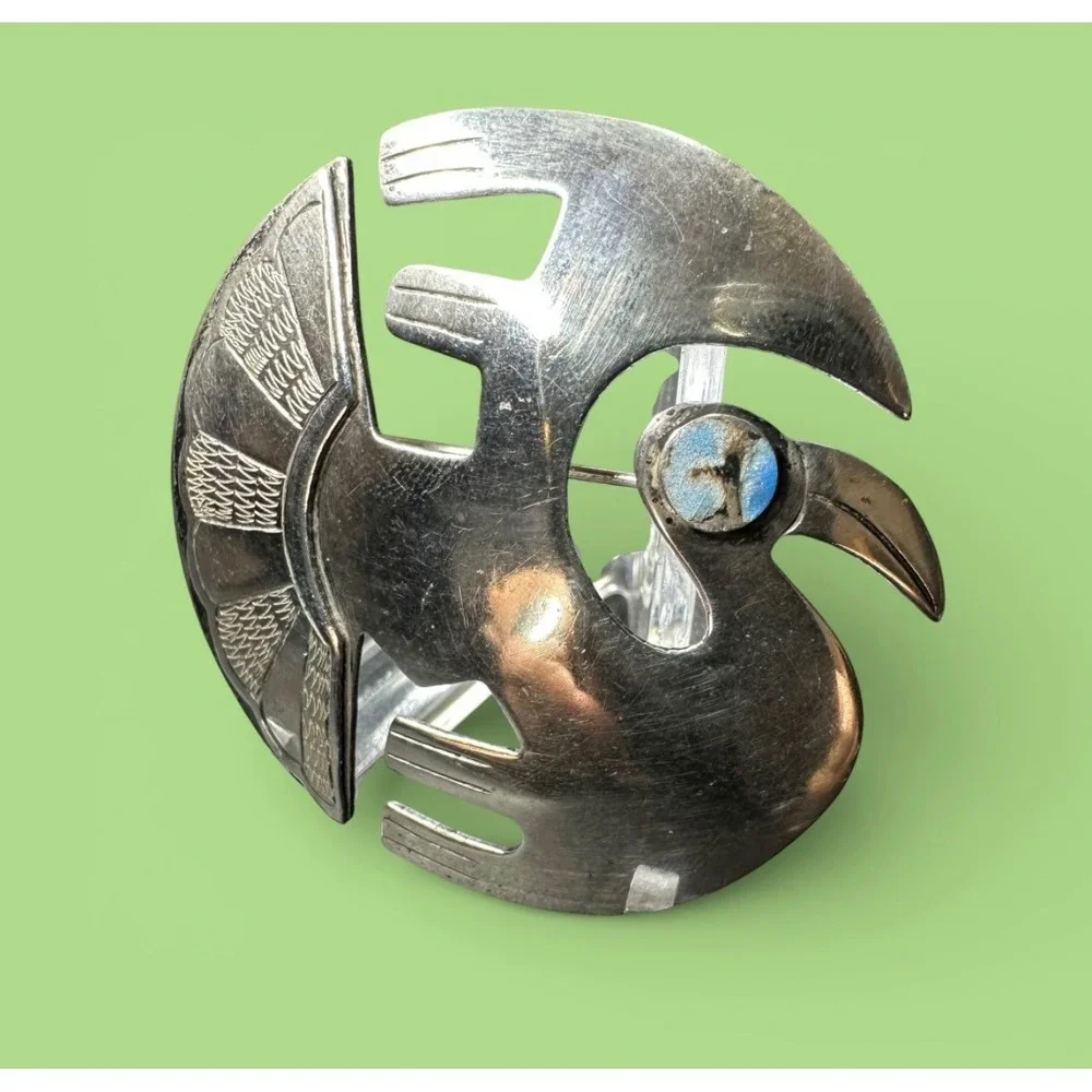 Mid Century Modern Peruvian Sterling Silver Bird Brooch Turquoise Artisan‎ Boho